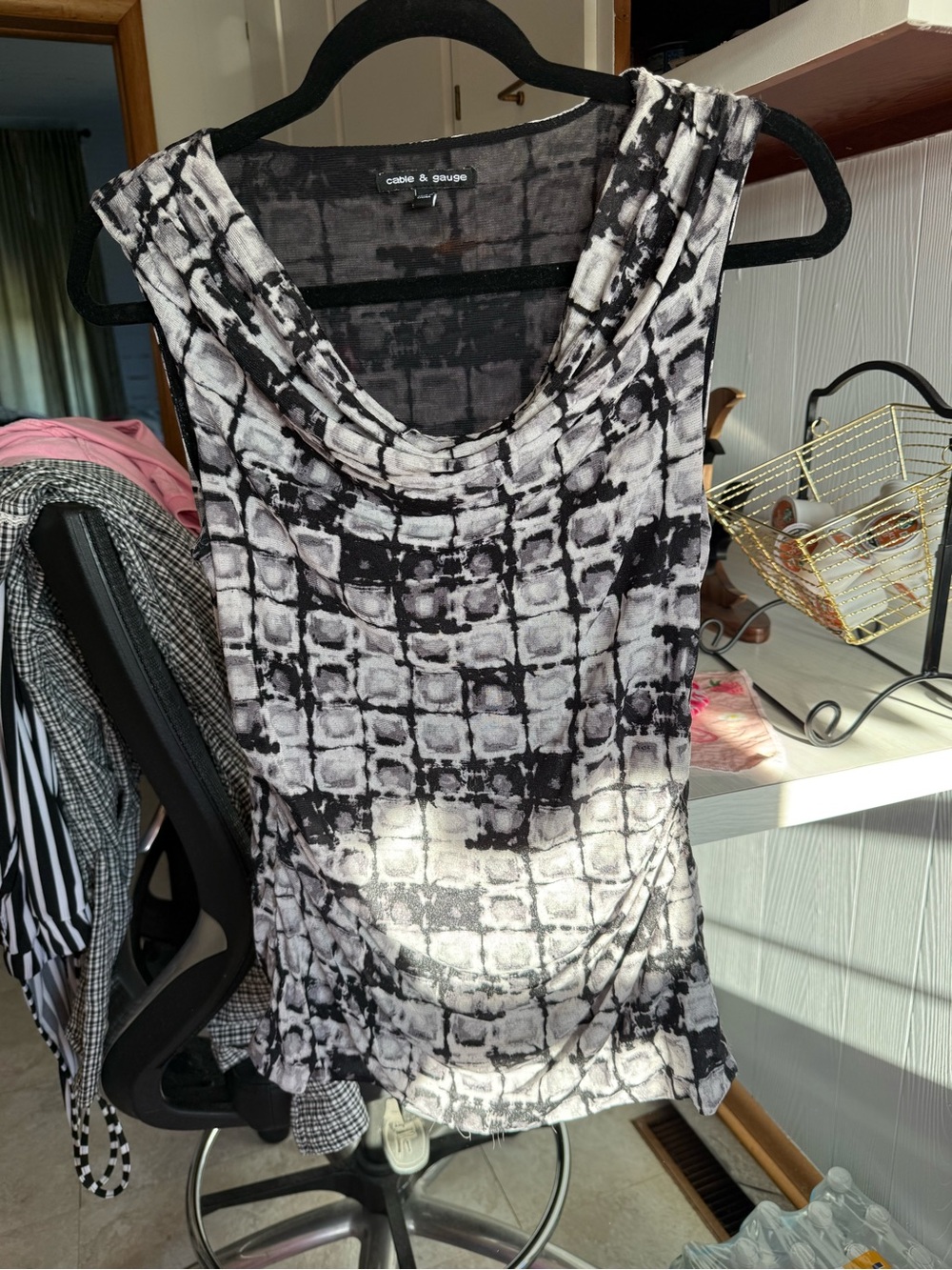 Cable & Gauge Black and White Grid-Print Draped Sleeveless Top